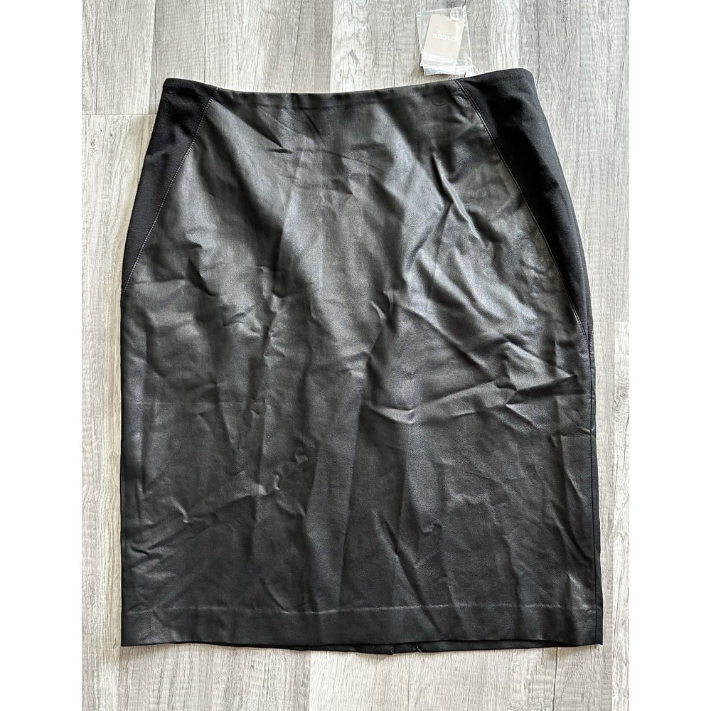 Chico's Skirt Size 1.5 US 8 Reg Black Faux Leather Cody Panel Pencil Skirt Slit‎